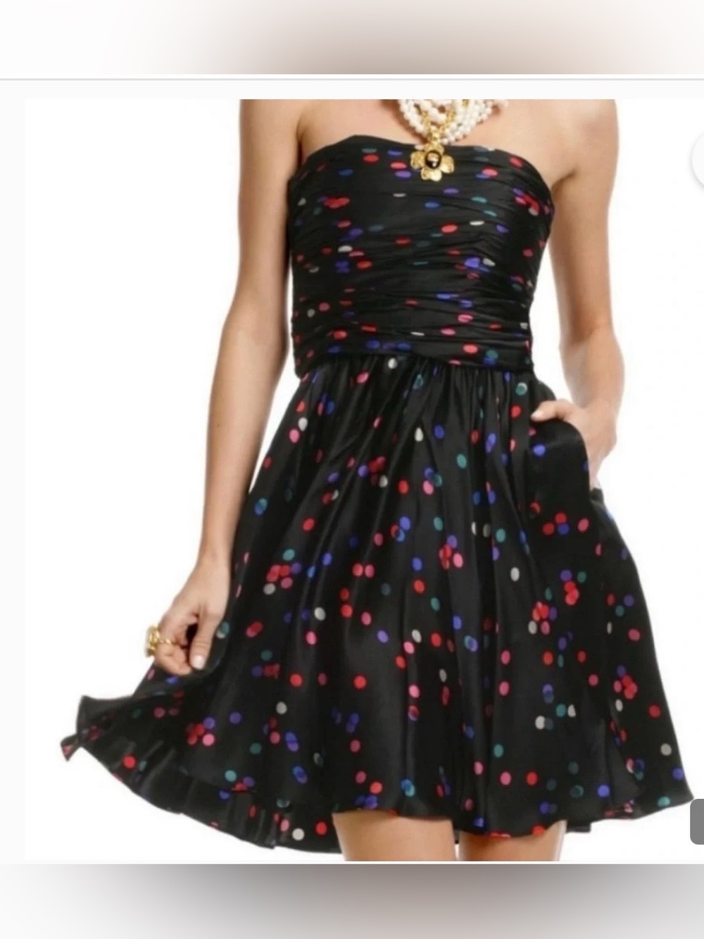 NWT Halston Heritage Confetti Polka Dot Strapless Dress w/ Ruched Bodice